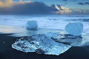 Glacier Ice Winter Scene Prints: Ice chunks on the black beach, lava beach