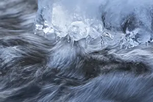 Deserted River Waterfront Prints: Icicles have formed on a stone in a stream