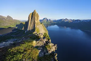 Evening Light Norway Prints: Iconic mountain Segla with steeply sloping cliffs