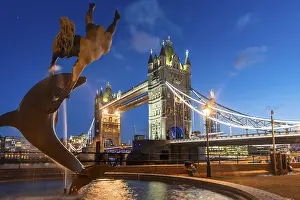 London River Thames Scene Prints: Illuminated Tower Bridge, Girl with a Dolphin