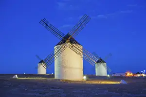 Old Fashioned Windmill Architecture Prints: Illuminated Windmills at dawn, Campo de Criptana
