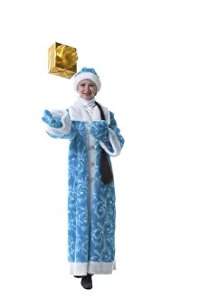 Gift Box Prints: Image of nice Snow Maiden posing with gift box in studio