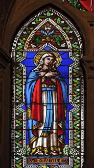 Prints of Immaculate Conception, stained glass window in the Basilica di Santa Croce (Basilica of the Holy Cross) - famous Franciscan church in Florence, Italy Neo-Gothic Architecture Prints: Immaculate Conception Stained Glass Print, Basilica di Santa Croce