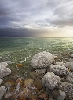 Saline Lake Landscape Photo Prints: Improbable light effects during a thunder-storm on the Dead Sea