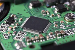 Printed Circuit Board Image Prints: Integrated circuit with a processor chip on computer mainboard