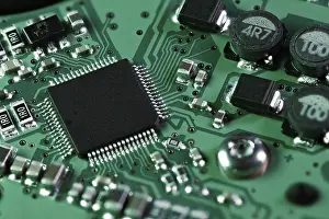 Electronic Component Detail Prints: Integrated circuit with a processor chip on computer mainboard