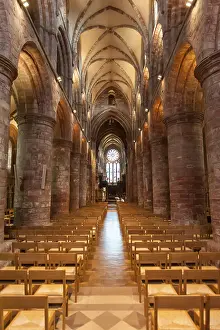 Prints of Interior, massive round columns, Romanesque-Norman and early Gothic architectural style, St Magnus Cathedral, St Magnus Cathedral, built with red sandstone, Kirkwall, Mainland, Orkney Islands Magnus Prints: St Magnus Cathedral Print, Kirkwall, Orkney Islands