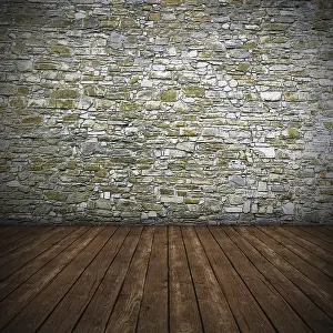 Digitally Generated Image Prints: Empty interior with stone wall, 3D render