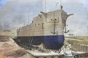 Ironclad Warship Prints: The ironclad Frederick the Great on the stack in the shipyard of Kiel