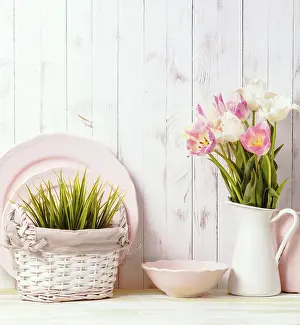 Deserted Breakfast Table Setting Prints: Kitchen table top in rustic shabby chic style