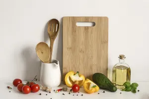 Food Photography Background Prints: Kitchenware, vegetables and spices on table wall background