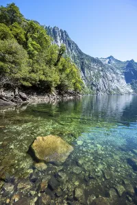 Los Lagos Region Scenery Prints: Laguna Triangulo with reflection between mountains