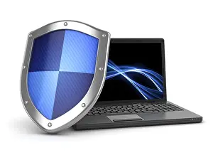 No People In The Background Prints: Laptop and shield, This is a computer generated and 3d rendered image