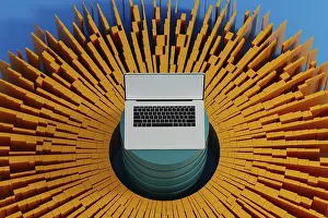 Digital Information Technology Prints: A laptop stands surrounded by vibrant data elements