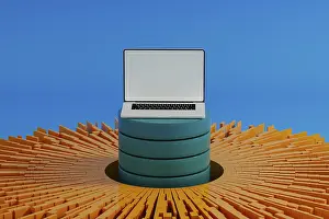 Scientific Research And Analysis Prints: A laptop stands surrounded by vibrant data elements