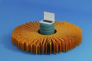 Modern Architecture Building Prints: A laptop stands surrounded by vibrant data elements
