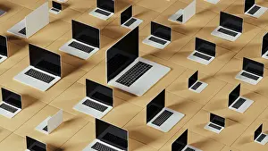 Modern Computer Setup Prints: Laptops arranged in a unique pattern create an engaging technological backdrop with geometric shapes