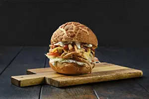 Studio Shot Of A Burger Prints: Large burger with pulled beef