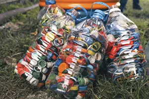 Waste Separation Techniques Prints: Detail of large quantity of colored plastic bottle caps