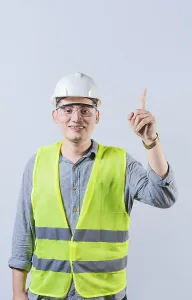 Hispanic Ethnicity Man Prints: Latin engineer pointing up isolated