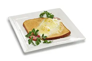 Fried Egg On Toast Prints: Layout for menu. Fried egg with ham on piece of bread