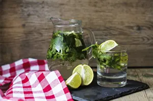 Rustic Kitchen Decor Prints: Lemonade with fresh mint, lime and lemon on the rustic kitchen