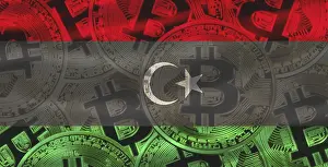 Digital Currency Symbol BTC Prints: Libyan flag with Bitcoins in the background