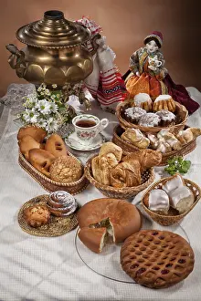 Bakery Products Photography Prints: Still life with different kinds of bread on a tablecloth