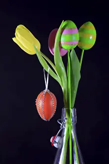 Traditional German Still Life Prints: Still life with Easter eggs and tulip