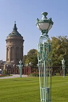 Prints of Light post, Wasserturm water tower, art nouveau, Friedrichsplatz square, Mannheim, Baden-Wuerttemberg, Germany, Europe Mannheim Prints: Art Nouveau Light Post in Mannheim, Germany Print