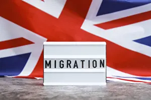 Framed Print : Print of MIGRATION flow, a British flag background with a UK wave Framed Print : Print of MIGRATION flow, a British flag background with a UK wave