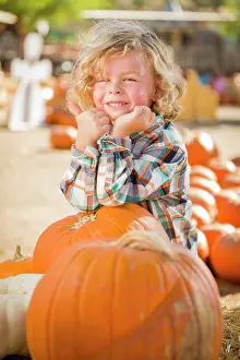 Pumpkin Patch Kids Prints: Little Boy Standing in a Rustic Ranch Setting at the Pumpkin Patch