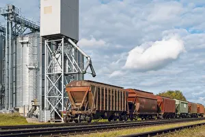 Agricultural Crop Prints: Loading railway carriages with grain at grain elevator