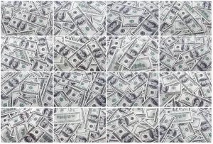 US Dollar Banknotes Prints: Lots of dollar notes arranged in chaotic manner