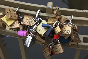 Love Locks Prague Prints: Lover's lock on a railing