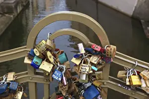 Love Locks Prague Prints: Lover's lock on a railing