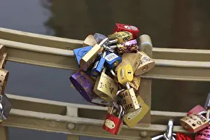 Love Locks Prague Prints: Lover's lock on a railing
