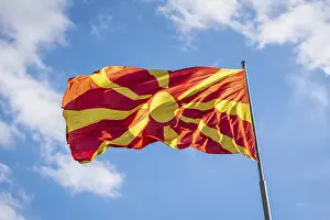 Prints of Macedonia flag waving in the wind, flag of North Macedonia in Balkan North Macedonia Prints: North Macedonia Flag Print - Balkan Region