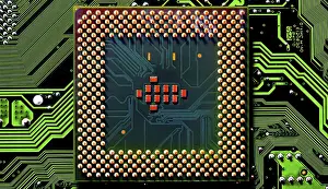 Microchip Close Up Prints: Macro Close up of microchips and pins on Main CPU PC processor circuit board