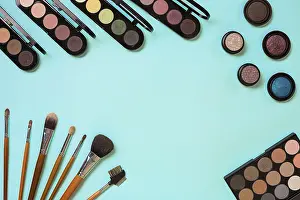 Blue Background Image Prints: Make up essentials. Set of professional make up brushes