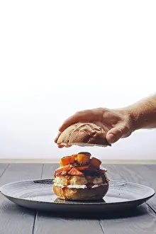 Burger Photography Prints: Making burger with beef, bacon