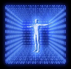 Artificial Intelligence Theme Prints: Man in a futuristic room made from binary code