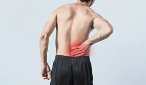 Back Problems Prints: Man with back problems, shirtless man with back problems on isolated background