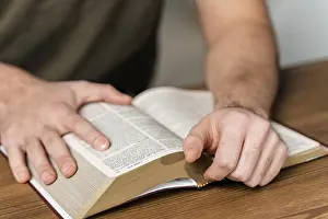 Agricultural Scene Prints: Man reading from bible table
