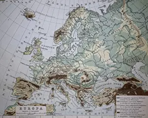 Historical Map Of Europe Prints: Map from 1890, elevation map of Europe