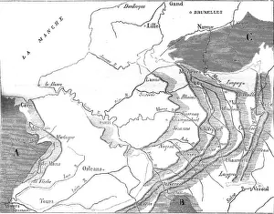Prints of Map and section of the Paris Basin, vintage engraved illustration. Magasin Pittoresque 1845 Map Prints: Map and Section of the Paris Basin Print, 1845 Engraving