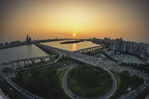 Prints of Mapo bridge view from top of a building, sunset shining on the traffic during rushhour in seoul, south korea, Seoul, South Korea Seoul Prints: Mapo Bridge View Print, Seoul, South Korea