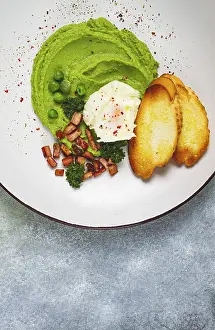 Homemade Breakfast Ideas Prints: Mashed peas, with boiled egg, fried bacon