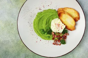 Homemade Breakfast Ideas Prints: Mashed peas, with boiled egg, fried bacon