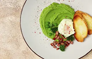 Healthy Eating Habits Tips Prints: Mashed peas, with boiled egg, fried bacon